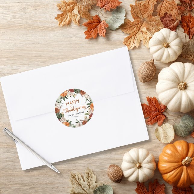 Rustikales Glückspilz Runder Aufkleber (Rustic Happy Thanksgiving Pumpkin Classic Round Sticker)