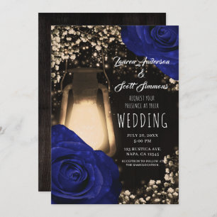 Rustikales Glühen Laterne & Navy Blue Rose Wedding Einladung