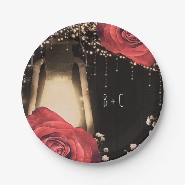 Rustikales Glühen Laterne Vintage Rote Rosen Barnh Pappteller (Vorderseite)