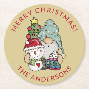 Rustikales Gnome Snowman Weihnachten Runder Pappuntersetzer