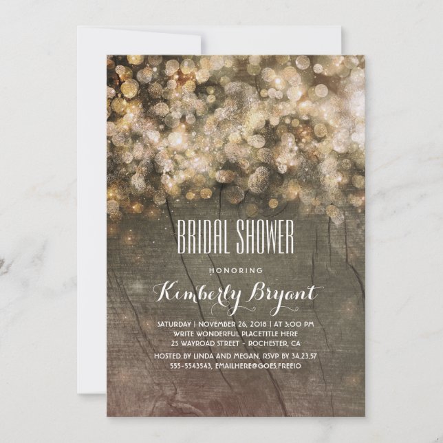 Rustikales Gold Glitzer Lights Wood Brautparty Einladung (Vorderseite)