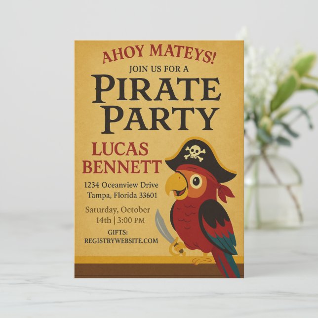 Rustikales Gold Nautic Pirate Parrot Birthday Einladung (Stehend Vorderseite)