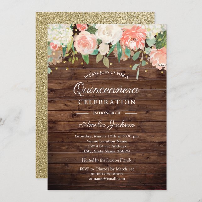 Rustikales Gold Peach Floral Wood Quinceanera Einl Einladung (Vorne/Hinten)