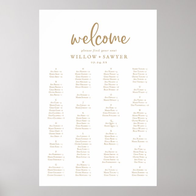 Rustikales Gold Script - Alphabetisches Seekarten Poster (Vorne)