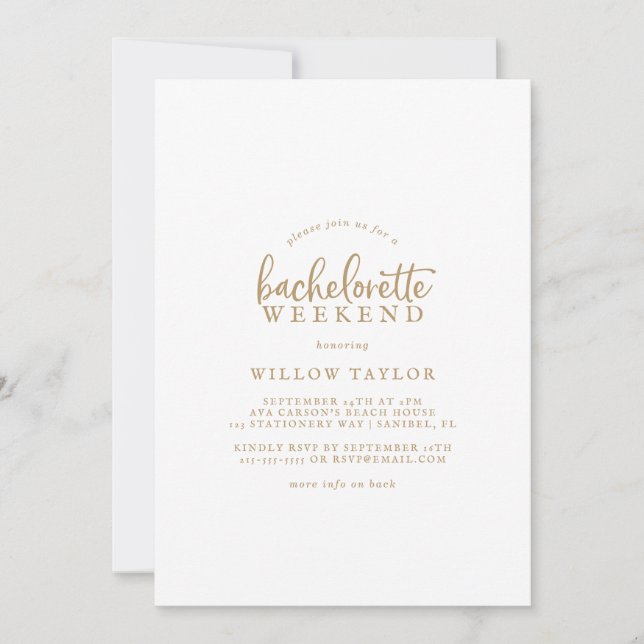 Rustikales Gold Script Bachelorette Weekend Einladung (Vorderseite)