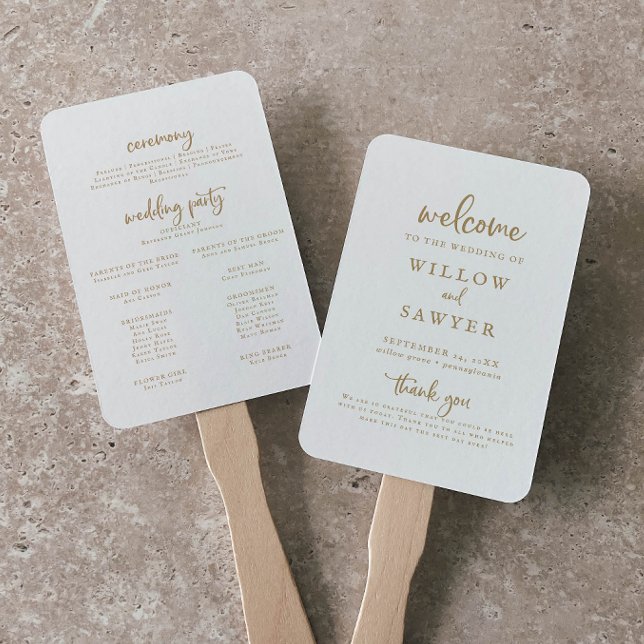 Rustikales Gold Script-Hochzeitsprogramm Hand Fan Fächer (Von Creator hochgeladen)