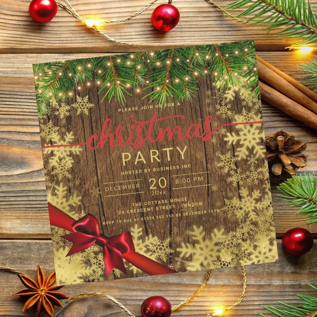Rustikales Gold Snow & Pine Company Xmas Red Ribbo Einladung (Rustic Gold Snow & Pine Company Xmas Red Ribbon Invitation)