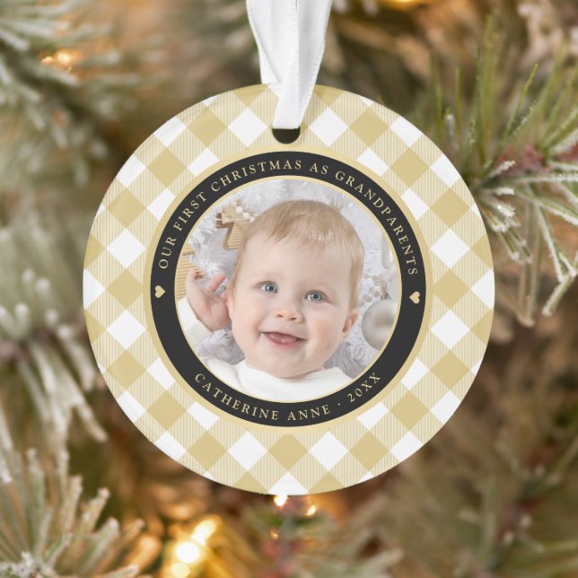 Rustikales Gold White Kariert First Grandeleltern  Ornament (Baum)