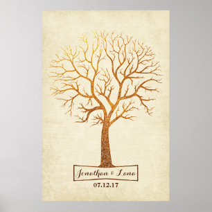 Rustikales Goldbaum-Daumenabdruck-Hochzeitsgästebu Poster