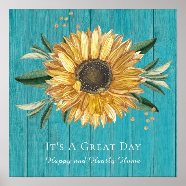 Rustikales Golden Sunflower Aquamarin Blauer Barnh Poster (Vorne)