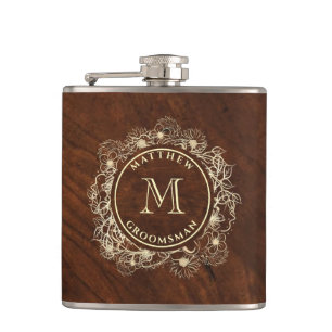 Rustikales goldenes Monogramm für den Trauzeugen Flachmann