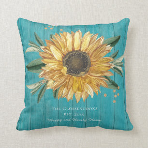 Rustikales Goldenes Sonnenblumen Aquamarin Blauer Kissen
