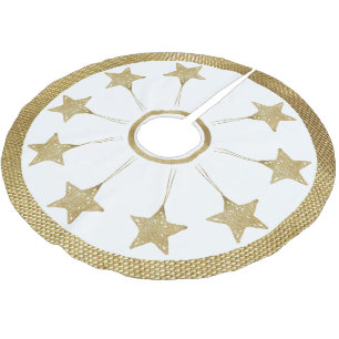 Rustikales goldenes Sternenmuster auf Weiß Polyester Weihnachtsbaumdecke
