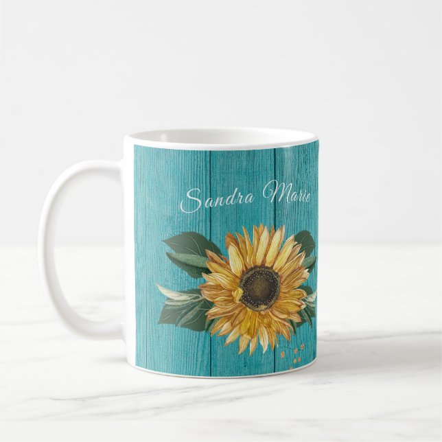 Rustikales goldgelbes Sonnenblumen Aquamarines Hol Kaffeetasse (Links)