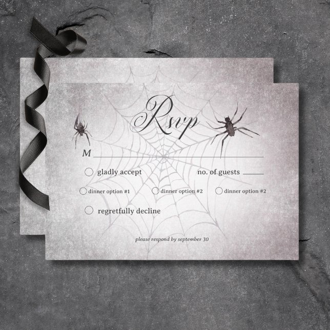 Rustikales Gotisches Schwarz & Burgund Halloween-A RSVP Karte (Rustic Gothic Black & Burgundy Halloween Wedding Response Card with Dinner Selection Options)