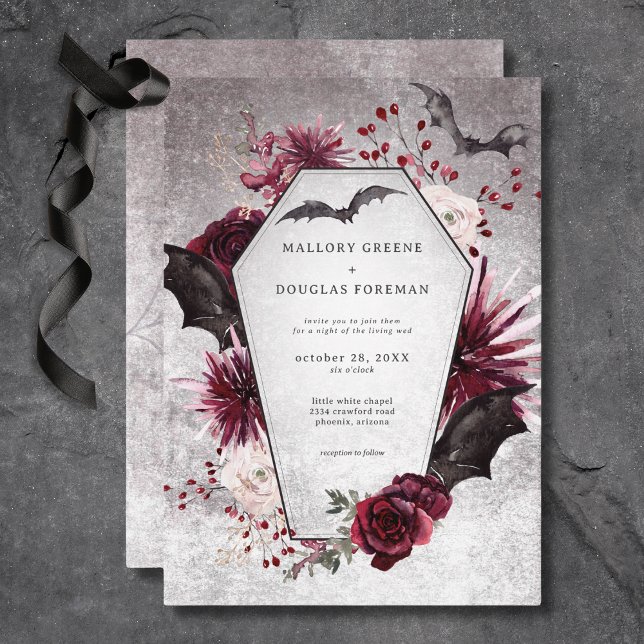 Rustikales Gotisches Schwarzes & Burgund Halloween Einladung (Rustic Gothic Black & Burgundy Halloween Wedding Invitation)