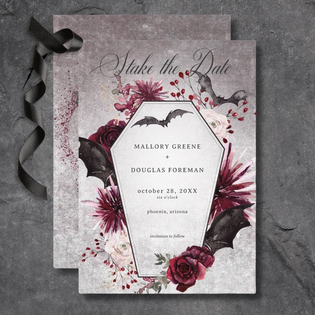 Rustikales Gotisches Schwarzes & Burgund Halloween Save The Date (Rustic Gothic black & Burgundy Halloween Wedding Save the Date)