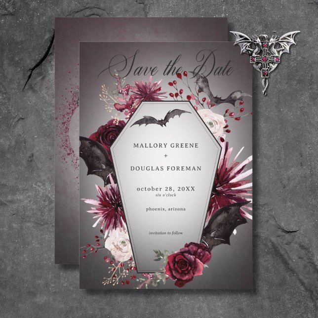 Rustikales Gotisches Schwarzes & Burgund Halloween Save The Date (Rustic Gothic Black & Burgundy Halloween Wedding Save The Date)
