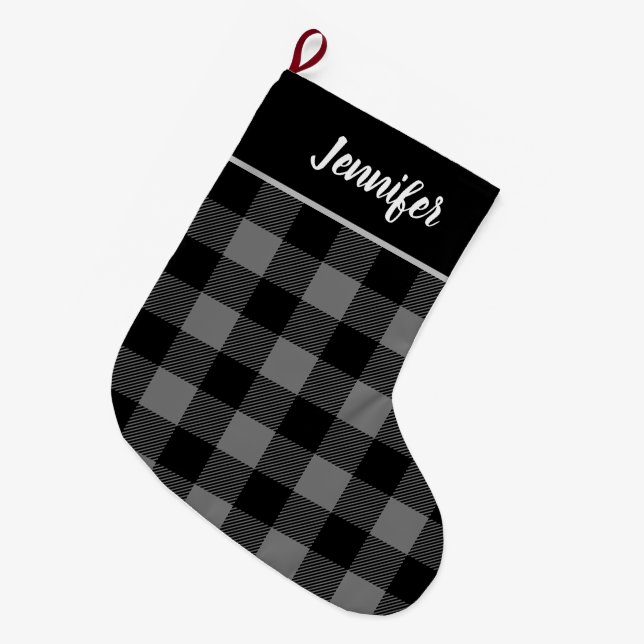 Rustikales Grau und Schwarz Buffalo Karo Monogram Großer Weihnachtsstrumpf (Vorderansicht (hängend))