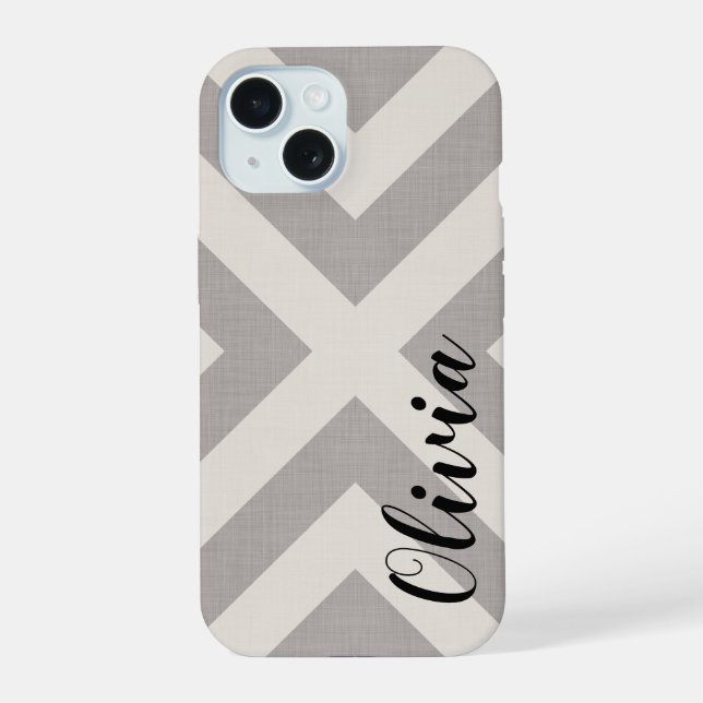 Rustikales Grau X Chevron Monogramm iPhone 15 Hülle (Rückseite)