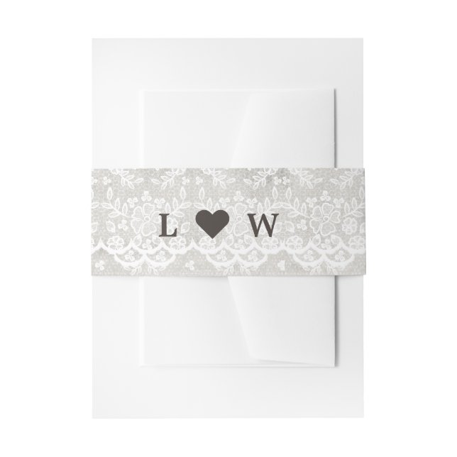 Rustikales Grauband & White Lace Bauchband mit Ini Einladungsbanderole (Vorderseite Beispiel)
