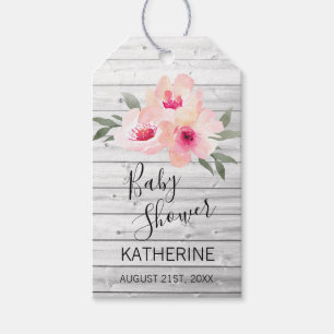 Rustikales graues Aquarell-Rosa-BlumenBabyparty Geschenkanhänger