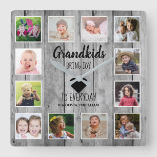 Rustikales graues Holz 12 Foto Collage Grandkids Z Quadratische Wanduhr