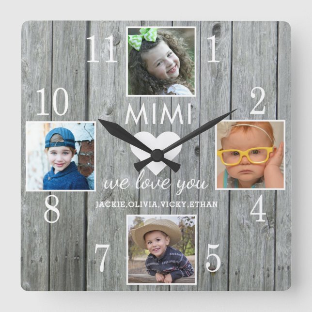 Rustikales graues Holz Liebe You Mimi Grandkids 4  Quadratische Wanduhr (Vorderseite)