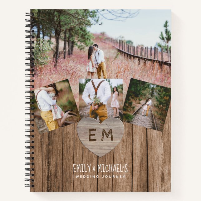 Rustikales, graviertes Herz Hochzeitsstichtum Brau Notizbuch (Vorderseite)