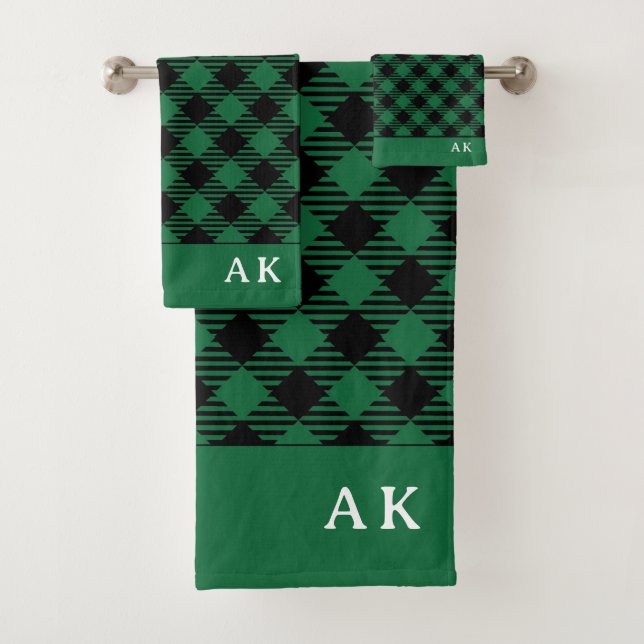 Rustikales Green Black Buffalo Karo Monogram Badhandtuch Set (Insitu)