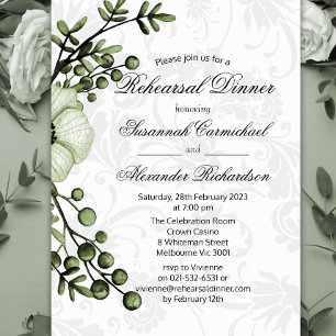 Rustikales Green Bouquet und Damask Probe Dinner Einladung