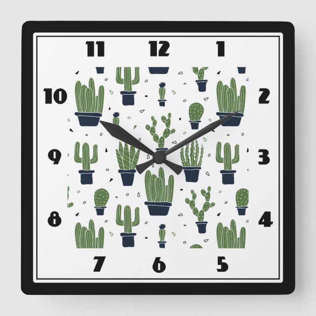 Rustikales Green Cactus Wüstenmuster Quadratische Wanduhr (Vorderseite)