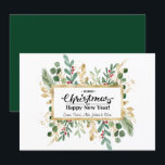 Rustikales Green Elegant Script Gold Foliage Blora Feiertagskarte<br><div class="desc">Rustikale Green Elegant Script Gold Foliage Floral Holiday Card. Mit diesen schlichten, schicken und modernen Grußkarten senden Sie Ihren Lieben herzliche Wünsche und Grüße! Ein hübscher Rahmen aus Aquarellgold und grünem Blattwerk mit roten Beeren. In der Mitte finden Sie Ihre Grußbotschaft "Frohe Weihnachten & GLÜCKLICHes NEUES JAHR" mit personalisierbaren Namen....</div>