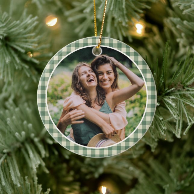 Rustikales Green Gingham Foto Moderne Weihnachten Keramik Ornament (Baum)
