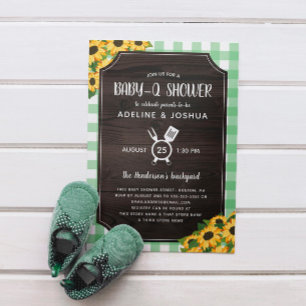 Rustikales Green Gingham Sunflowers Baby-Q Dusche Einladung