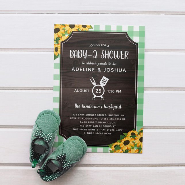 Rustikales Green Gingham Sunflowers Baby-Q Dusche Einladung (Von Creator hochgeladen)