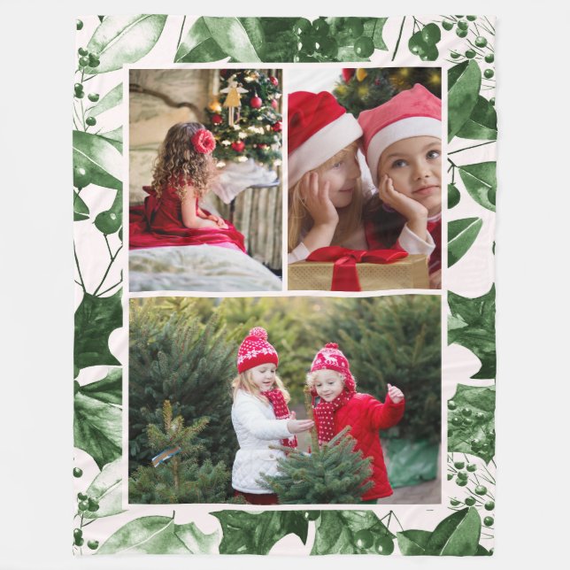 Rustikales Green Holly Drei-Bilder-Collage Urlaub Fleecedecke (Vorderseite)