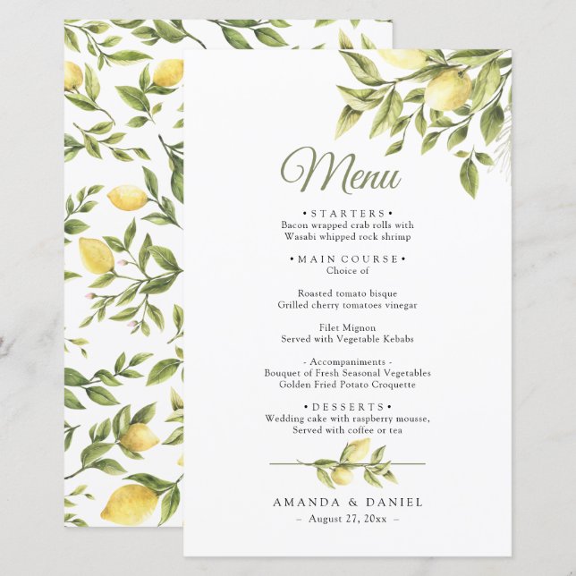 Rustikales Greenery Lemons Wedding Menu (Vorne/Hinten)
