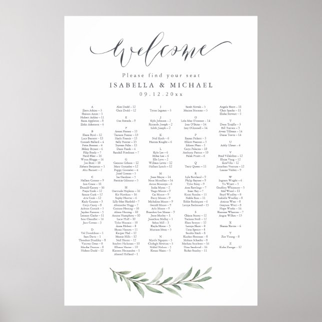 Rustikales Greenery Script Alphabetischer Sitzplan Poster (Vorne)