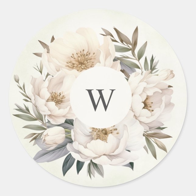 Rustikales Greenery White Floral Monogram Wedding Runder Aufkleber (Vorderseite)