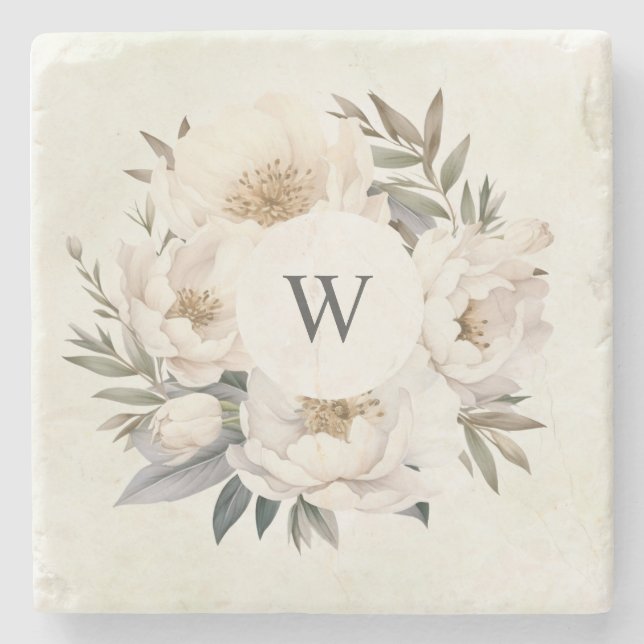 Rustikales Greenery White Floral Monogram Wedding Steinuntersetzer (Vorderseite)