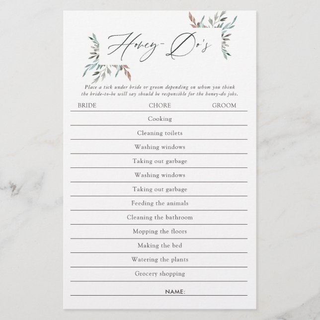 Rustikales Greenery Winter Brautparty Honey-Do Gam (Vorderseite)