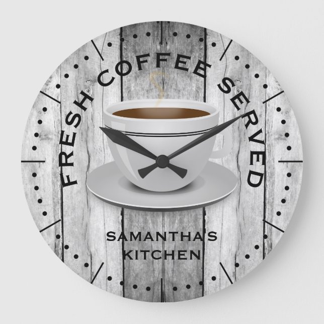 Rustikales Grey Wood Coffee Theme Bauernhof Küche Große Wanduhr (Vorderseite)
