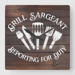Rustikales "Grill Sargeant" - Funny GRILLEN Gift Quadratische Wanduhr