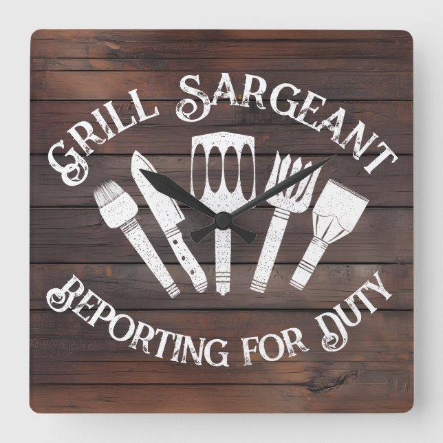 Rustikales "Grill Sargeant" - Funny GRILLEN Gift Quadratische Wanduhr (Vorderseite)