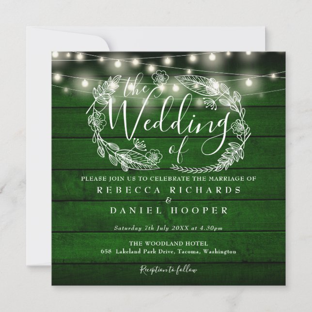 Rustikales Grün-Holz-String-Lights-Foto Hochzeit Einladung (Vorderseite)