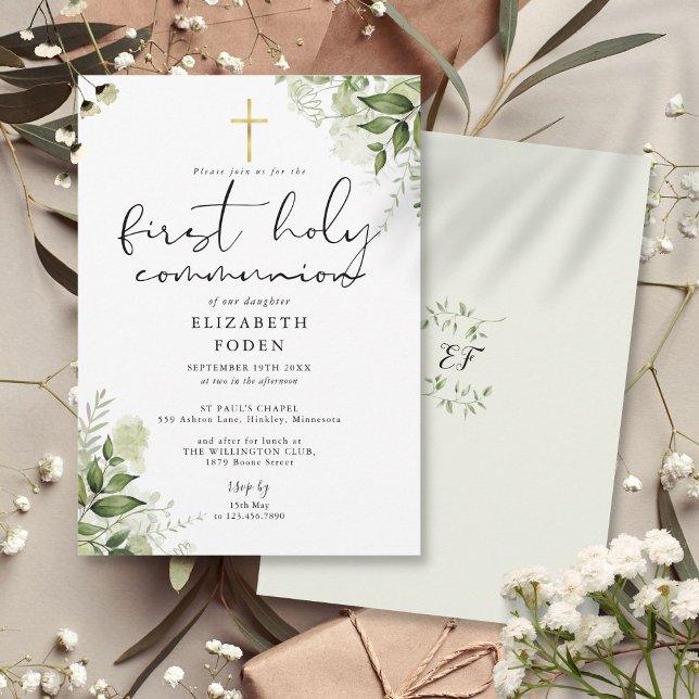 Rustikales Grün-Monogramm Erste Heilige Kommunion Einladung (Rustic Greenery Monogram First Holy Communion Invitation)