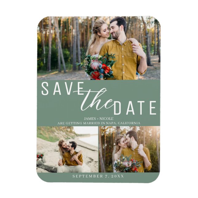 Rustikales Grün Save the Date Hochzeit 3 Fotos Magnet (Vertikal)