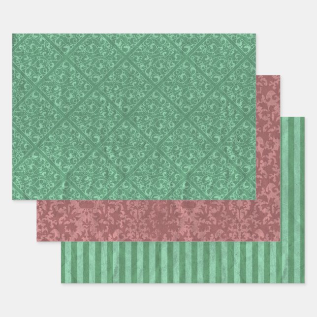 Rustikales Grün und Cranberry Weihnachten Rot Geschenkpapier Set (Set)