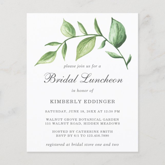 Rustikales Grünes Budget Bridal Luncheon Einladung (Vorderseite)